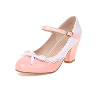 GooMaShoes Women's Patent Leather Ankle Strap Vintage Heels with Bow, Cute Round Toe Block Chunky Vintage Shoes, Patchwork Retro Buckle Mary Jane Pumps (UK 5, Pink)
