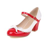 GooMaShoes Women's Patent Leather Ankle Strap Vintage Heels with Bow, Cute Round Toe Block Chunky Vintage Shoes, Patchwork Retro Buckle Mary Jane Pumps (UK 5, Red)