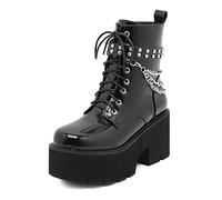 GooMaShoes Women's Punk Black Chunky Lace Up Platform Boots, Gothic High Heel Round Toe Ankle Combat Boots, Emo Side Zipper Chain Studded Block Goth Boots Shoes (UK Size 5.5)
