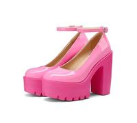 GooMaShoes Women's Rhinestone High Heels Ankle Strap Chunky Platform Heels, Closed Toe Block Mary Janes Pumps, Sexy Dress Shoes with Strap (Pink, UK Size 5.5)