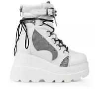 GooMaShoes Women's Studded Buckle Grid Lace up Platform Goth Boots, Punk Back Zipper Wedge High Heel Combat Boots Booties, Gothic Ankle Boots Shoes (White, UK 5.5)