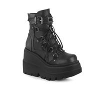 GooMaShoes Women's Studded Buckle Grid Lace up Platform Goth Boots, Punk Back Zipper Wedge High Heel Combat Boots Booties, Gothic Ankle Boots Shoes (Black, UK 7)