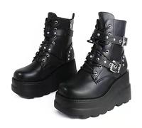 GooMaShoes Women's Studded Buckle Lace up Platform Goth Boots, Punk Side Zipper Wedge High Heel Combat Boots Booties, Gothic Ankle Boots Shoes (Black, UK 5.5)