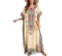 Goood Times Plus Size Kaftan Dress Tunic Long Maxi Kimono Caftan Gown Nightdress Beach Party Casual Dress, Beige, One Size More