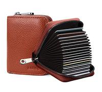 Goopai RFID 20 Card Slots Credit Card Holder Genuine Leather Accordion Card Case Small Wallet for Women or Men with Zipper (Brown)