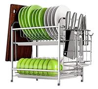 GOOPEEG Dish Drainer,Dish Rack 2 Tier Dish Rack Drying 304 Stainless Steel With Drain Board Utensil Holder Cutting Easy Dish Organization