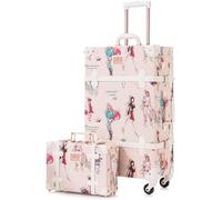 GOOPEEG Suitcase Trolley 2 Piece Vintage Suitcase Set,Cute Travel Luggage with 12" Handbag, Hardside Faux Leather Secure(20"+12")