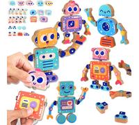 Goorder Wooden Robot Building Block Game for 3 4 5 Years Old Boy Girl, Montessori Games Kid Toys 28pcs Robot Take Apart Toy, Snap-Connection Educational Learning Gift for Kids
