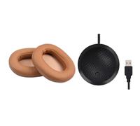 Goorvoucs 1 Pair Ear Pads PU Ear Cushion Khaki & 1 Pcs Omnidirectional Condenser PC Microphone with Mute Button LED Indicator