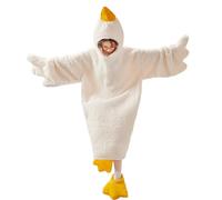 Goose Blanket Hoodie Onesie, Fleece Oversized Wearable Blanket Hoodie with Sleeves and Goose Feet Slippers, White, Medium