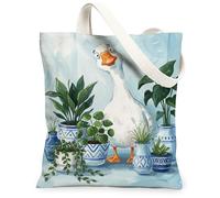 Goose Canvas Tote Bag for Women, Fanciful Playful Plants Pots Spring Green Washable Reusable Small Tote Bags Ideas for Family Friends Colleagues Reading Loves 13x15 Inch