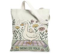 Goose Canvas Tote Bag for Women, Playful Fanciful Chick Flowers Spring Pastel Green Washable Reusable Grocery Bag Ideas for Family Friends Colleagues Reading Loves 13x15 Inch