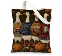 Goose Canvas Tote Bags, Cute Animal Print Reusable Shopping Bags, Rustic Autumn Style Lightweight Washable Shoulder Strap C, Brown, 13x15 Inch