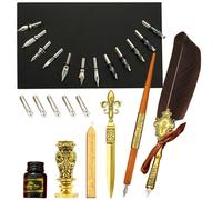 Goose Feather and Ink Set | Goose Feather Set Antique Calligraphy Dip Pen with Ink | Goose Feather Set Including Feather Dipping, Ink, Replacement Nibs, Wax Seal Sticks