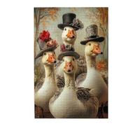 Goose Puzzle,500 Piece Fantasy Art Wooden Puzzle,Four Geese Wearing Vintage Hats with Flowers,Autumn Forests Background,Retro Animal Art,Stress Relief Entertainment Games for Adults