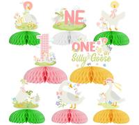 Goose Theme 1st Birthday Decorations Pink Green 8pcs One Silly Goose Honeycomb Centerpieces Girl Floral Goose Table Decor Cute Geese First Bday Decor Fun Farm Animal Flowers Baby Shower Party Supplies