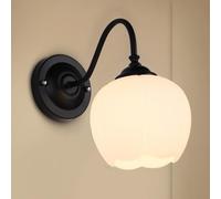 Gooseneck Wall Lamp with White Glass Shade, American Style Wall Mount Lights Indoor Living Room Bedroom Hallway Aisle Corridor Lighting Fixture, Bedside Wall Light - Black