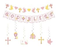 GooTPa Baptism Decorations for Girls - First Communion Decorations with God Bless Banner, Cross Hearts Doves Signs Garland, Pink Gold Hanging Swirls for Baby Girls Women