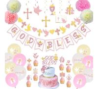 GooTPa Baptism Decorations for Girls - First Confirmation Communion Decorations with God Bless Banners, Cross Doves Hanging Swirls, Cake Toppers, Balloons for Baby Shower Wedding Party Suppies