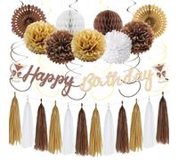 GooTPa Brown Gold Birthday Decorations, Wine Time Neutral Party Supplies with Birthday Banner, Honeycomb Balls, Hanging Swirls, Tissue Flowers, Tassel for Women Girls Rustic Bday Dress Up Party Decors