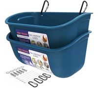 Goovilla Chicken Feeder Waterer, Hanging or Screw-in Fence Feeders with Clips, 2 Pack 5 Quart Goat Feeding Supplies, Duck Piglet Sheeple Coop Dog Livestock Poultry Plastic Feeder Trough Bucket, Blue
