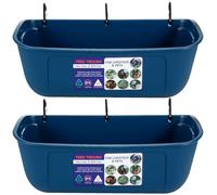 Goovilla Large Feed Trough, Hanging or Screw-in Fence Feeder with Clips, 2 Pack 9 Quart Goat Feeder Supplies, Dog Horse Hog Pig Livestock Poultry Plastic Feeder Trough Bucket for Large Animal, Blue