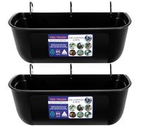 Goovilla Large Feed Trough, Hanging or Screw-in Fence Feeder with Clips, 2 Pack 9 Quart Goat Feeder Supplies, Dog Horse Hog Pig Livestock Poultry Plastic Feeder Trough Bucket for Large Animal, Black