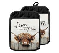 GOOZHO Farmhouse Highland Cow Pot Holders with Pockets, Live Like Someone Left the Gate Open Oven Pot Holders Heat Resistant Oven Mitts Hot Pads for Kitchen Baking Cooking