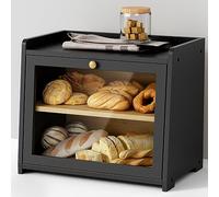 Goozii Black Bread Box for Kitchen Countertop, Large Bread Storage Container for Homemade Bread, Wood Farmhouse Breadbox Organizer for Kitchen Counter Corner, Cabinet, Pantry, Cupboard (Black)