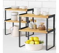 Goozii Kitchen Cabinet Organizer Shelves Set of 4, Expandable Counter Shelf Rack for Plate Dish Cup Mug Spice, Stackable Shelf Riser for Pantry Cupboard Desk Top Corner Storage (Bamboo, Black)