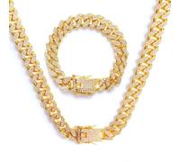 GoPaw 12 MM Cuban Link Chain Iced Out for Men, 50/55/60cm Men's Miami Cuban Link Chain Gold Silver Links Choker Necklace Bracelet, Unisex Hip Hop Jewelry Gift for Father's Day (Gold, 60)