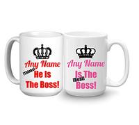 GOPERSONALISED Personalised The Boss The Real Boss Mugs Set of 2 - King Queen Couples Husband Wife His and Hers Gifts Idea for Engagement Wedding Valentines (El Grande Large 15oz)