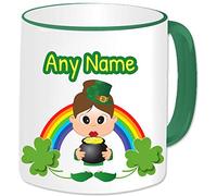 GOPERSONALISED St Patricks Day Irish Gifts - Personalised Leprechaun Mug Ceramic Cup with Name - Rainbow Lucky Shamrock Ireland Good Luck Gifts Idea for for Women Girls (Brown Hair/Green Mug)