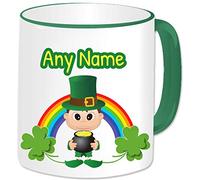 GOPERSONALISED St Patricks Day Irish Gifts - Personalised Leprechaun Mug Ceramic Name Cup - Rainbow Lucky Shamrock Ireland Good Luck Gifts Idea for Men Boys (Brown Hair Male/Green Mug)