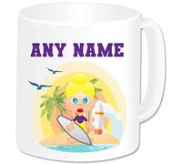 GOPERSONALISED Surfing Gifts for Women Girls - Personalised Surf Surfer Mug Ceramic Name Cup - Surfboard Water Sports Novelty Present Idea Wife Daughter Mum Auntie Niece (Blonde Hair)