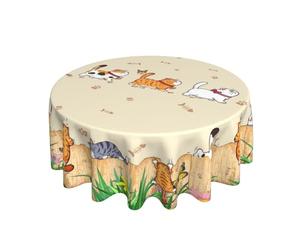 GOPIJDX Cat Round Tablecloth 60 Inch Waterproof Rustic Fishbone Paw Butterfly Floral Cute Tablecloth Farmhouse Table Cloth Decorative for Picnic Party Holiday Home Indoor Outdoor
