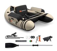 GOPLUS Bellyboot Belly Boat Maximum Load 150 kg, Inflatable Dinghy for Fishing with Aluminium Paddle, Pump, Fins, Fish Ruler, Rod Holder & 2 Shoulder Straps, 135 x 109 x 54 cm (Beige + Black)