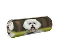 gopoo Cute Bichon Frise Dog Leather Pencil Case, Slim Aesthetic Leather Pouch,Stationery Organiser Pouch with Portable Metal Ring