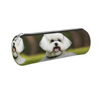 gopoo Cute Bichon Frise Dog Leather Pencil Case, Slim Aesthetic Leather Pouch,Stationery Organiser Pouch with Portable Metal Ring