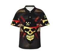 gopoo Hawaiian Shirt for Men Summer Beach Short Sleeve Button Down Shirts Pirate Flag Printed Tropical Vacation Shirts Black