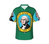 gopoo Hawaiian Shirt for Men Summer Beach Short Sleeve Button Down Shirts Washington Flag Printed Tropical Vacation Shirts Black