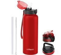 GOPPUS 1.2L/40oz Stainless Water Bottle with Straw Double Wall Insulated Bottles with Strap Large Vacuum Thermal Flask Leakproof Keep Cold Drinks Bottles with Flip Top Lid for Men Women BPA Free