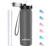 GOPPUS 1L/32oz Stainless Water Bottle with Straw Double Wall Insulated Bottles with Strap Reusable Vacuum Thermal Flask Leakproof Keep Cold Drinks Bottles with Flip Top Lid BPA Free (Gray)