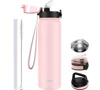 GOPPUS 1L/32oz Stainless Water Bottle with Straw Double Wall Insulated Bottles with Strap Reusable Vacuum Thermal Flask Leakproof Keep Cold Drinks Bottles with Flip Top Lid for Gym Men Women BPA Free