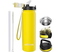 GOPPUS 1L/32oz Stainless Water Bottle with Straw Double Wall Insulated Bottles with Strap Reusable Vacuum Thermal Flask Leakproof Keep Cold Drinks Bottles with Flip Top Lid BPA Free (Yellow)
