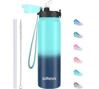 GOPPUS 1L/32oz Stainless Water Bottle with Straw Double Wall Insulated Bottles with Strap Reusable Vacuum Thermal Flask Leakproof Keep Cold Drinks Bottles with Flip Top Lid BPA Free (Green Blue)