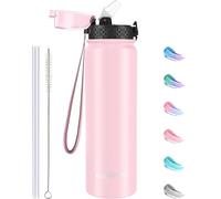 GOPPUS 1L/32oz Stainless Water Bottle with Straw Double Wall Insulated Bottles with Strap Reusable Vacuum Thermal Flask Leakproof Keep Cold Drinks Bottles with Flip Top Lid BPA Free (Pink)