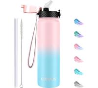 GOPPUS 1L/32oz Stainless Water Bottle with Straw Double Wall Insulated Bottles with Strap Reusable Vacuum Thermal Flask Leakproof Keep Cold Drinks Bottles with Flip Top Lid BPA Free (Pink Blue)
