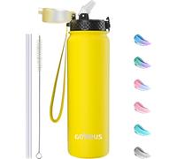 GOPPUS 1L/32oz Stainless Water Bottle with Straw Double Wall Insulated Bottles with Strap Reusable Vacuum Thermal Flask Leakproof Keep Cold Drinks Bottles with Flip Top Lid BPA Free (Yellow)