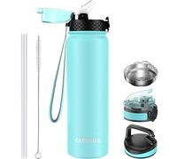 GOPPUS 1L/32oz Stainless Water Bottle with Straw Double Wall Insulated Bottles with Strap Reusable Vacuum Thermal Flask Leakproof Keep Cold Drinks Bottles with Flip Top Lid for Gym Men Women BPA Free